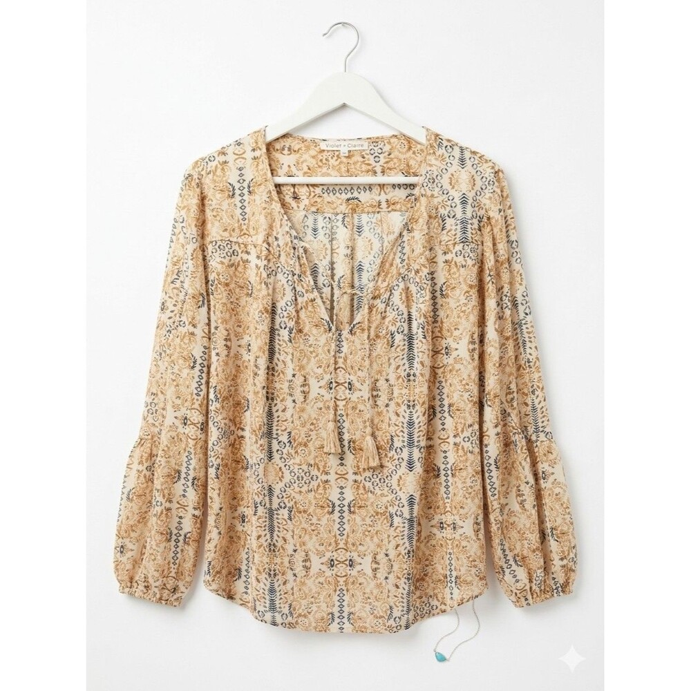 Violet + Claire Women's Cream Paisley V-Neck Tassel Tie Balloon Sleeve Blouse XL